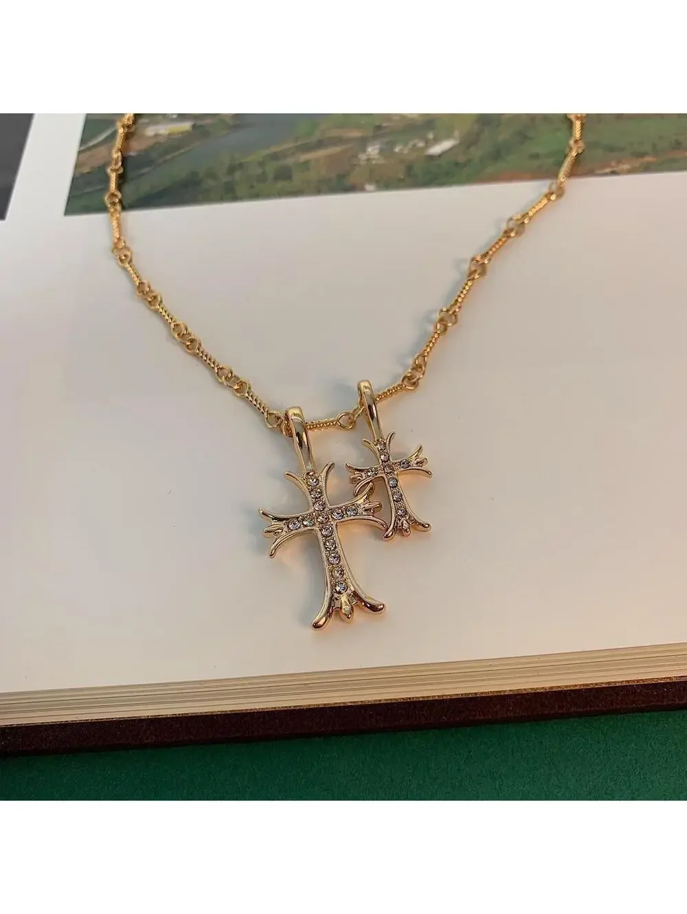 Vintage y2k 2000s style Double Cross Rhinestone Gold Necklace. Rhinestone